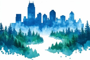 Watercolor Cityscape with Nature Elements