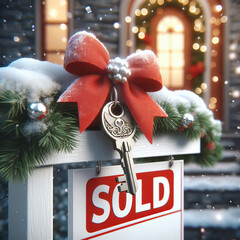 Holiday home sale with key and decorations in a winter setting showcasing a sold sign close to home...