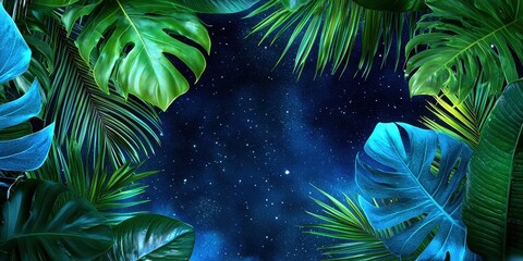 A lush view of tropical leaves framing a starry night sky, creating a serene and enchanting atmosphere.