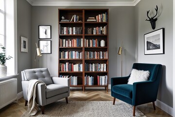 Scandinavian Style Bookcase and Armchair in Modern Home Library Design