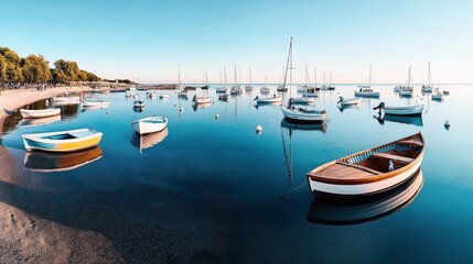 Fototapeta premium Serene coastal scene with numerous anchored boats on a calm water bay, adjacent to a sandy beach and green trees under a clear blue sky.
