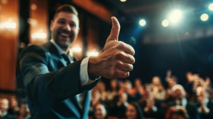 An image of a smiling CEO standing at the forefront of a team, giving a thumbs-up with a blurred audience clapping in the background, The setting is a large auditorium during a company event