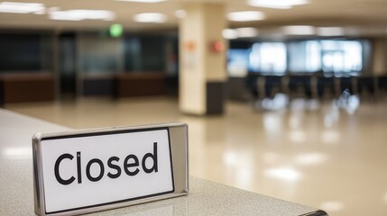 Fototapeta premium Closed airport counter with empty chairs and a sign indicating no flights available. A symbol of travel disruption and unexpected changes in plans.