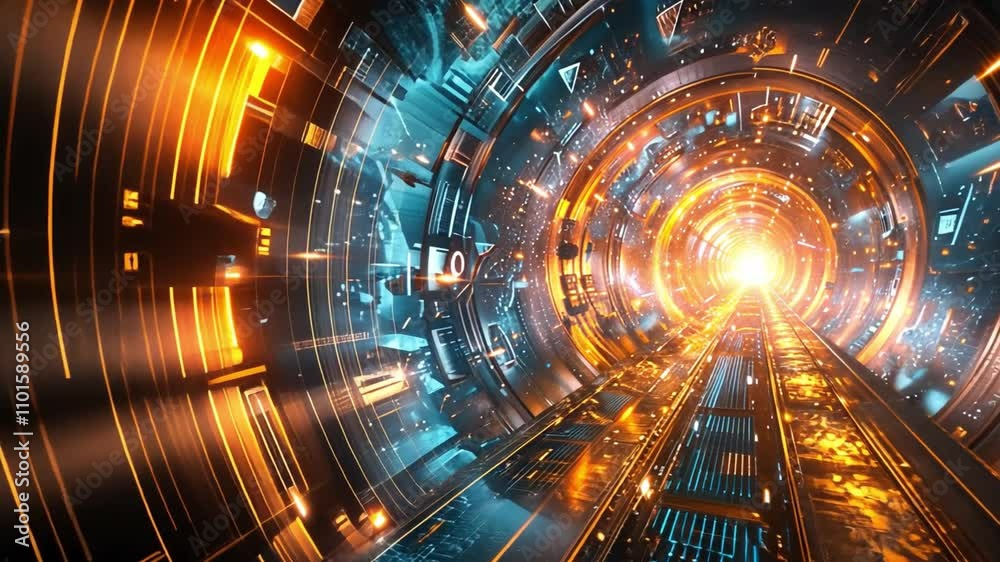 Aufkleber This visual features a striking futuristic tunnel with vibrant patterns and lights, leading to a brilliant point of light, evoking wonder and a sense of exploration.