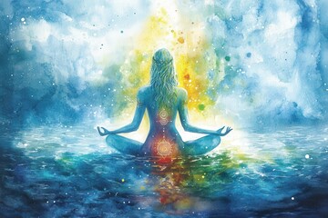Watercolor Meditation Figure with Chakra Symbols