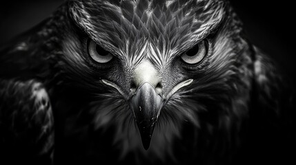 A striking close-up of a hawk's intense gaze, highlighting its sharp features and predatory instincts, set against a dramatic dark background.