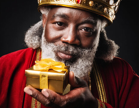 Un rey mago negro en primer plano ofreciendo un regalo de navidad en la mano con mirada sincera