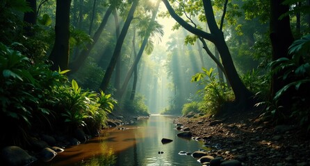 Obraz premium Amazon Rainforest shot from the west with Nikon D850 and Nikon AF-S 14-24mm f/2.8G ED lens, natural light, National Geographic style, showcasing the dense tropical rainforest environment.