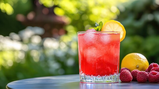 A chilled glass of raspberry lemonade garnished with lemon and mint, sitting on a garden table surrounded by vibrant greenery and fresh raspberries.
