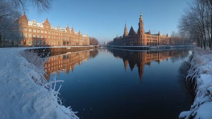 Fototapeta premium A winter scene showcasing a historic building reflected in a calm, snowy canal.