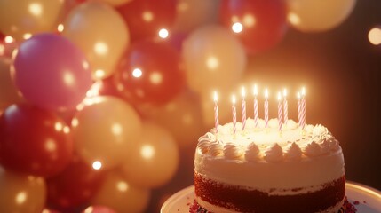 Colorful balloons in the background and a birthday cake