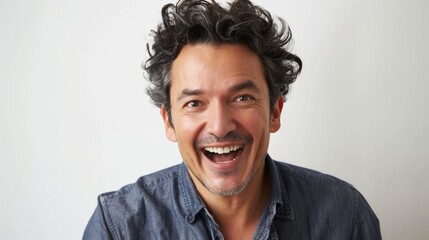 Fototapeta premium The image features a man with dark wavy hair and a denim shirt smiling at the camera against a white background.