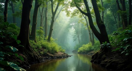 Obraz premium Amazon Rainforest shot from the south with Nikon D850 and Nikon AF-S 14-24mm f/2.8G ED lens, natural light, National Geographic style, capturing the lush, vibrant green canopy.