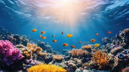 Fototapeta premium Vibrant underwater landscape featuring colorful coral reefs and schools of fish illuminated by sunlight, perfect for nature-themed covers and backgrounds.
