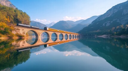 train crossing a river bridge, with dramatic mountain ranges on either side, the reflection of the train and bridge captured in the calm waters below,