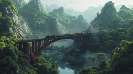 Fototapeta premium train on a bridge crossing a river, the surrounding mountainside covered with dense green foliage, the train making its way through the natural beauty