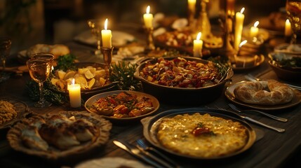 well-set table, featuring various mouthwatering dishes, with soft candlelight flickering on the table,