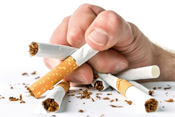Close-up of a hand crushing cigarettes, symbolizing the struggle against smoking addiction, tobacco harm, and the desire for a healthier lifestyle change.