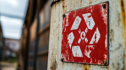 A weathered red recycling symbol on a rusty metal surface, indicating ecological awareness in an industrial setting.