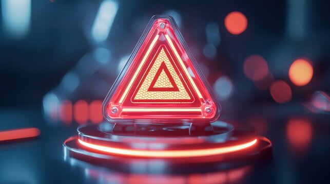 A glowing red triangular signal stands on a sleek base, illuminated against a dark, blurred background, evoking a sense of caution or alertness.
