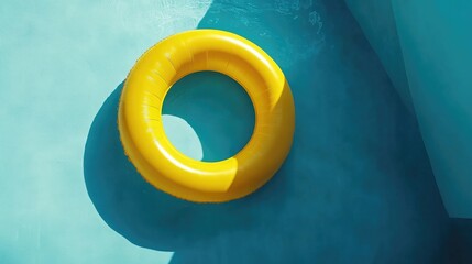 Bright yellow pool float ring gently floating in a turquoise swimming pool, viewed from above, showcasing a vibrant summer scene.