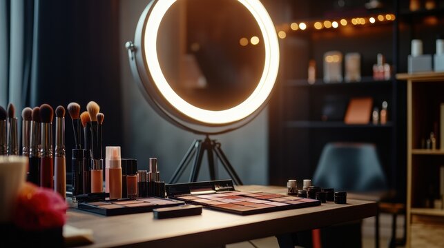 A professional makeup artist s station filled with various cosmetics, including contouring palettes, blushes, and eyeliners, with a large ring light illuminating the scene