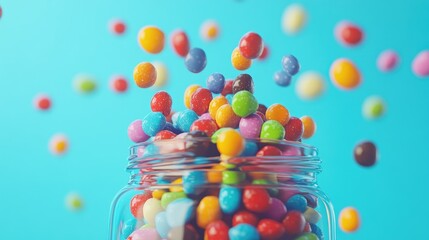 Colorful assortment of candies tumbling from a glass jar against a vibrant blue background, showcasing a delightful variety of shapes and colors.