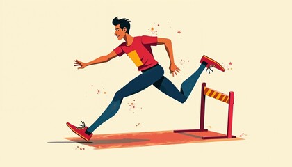 Runner, energetic mood, jumping over the barrier, playful style