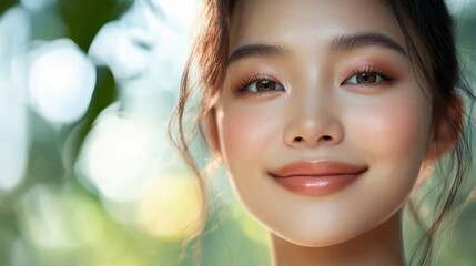 Fototapeta premium A romantic portrait of an Asian woman wearing soft, shimmery eyeshadow and a peachy blush, her radiant skin and sweet smile illuminated by soft, natural lighting