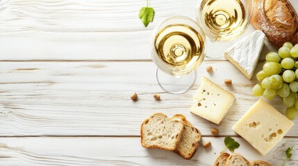 Elegant arrangement of white wine glasses, assorted cheeses, fresh grapes, and artisan bread on a rustic wooden table surface.