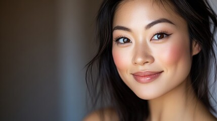 Fototapeta premium A romantic portrait of an Asian woman wearing soft, shimmery eyeshadow and a peachy blush, her radiant skin and sweet smile illuminated by soft, natural lighting