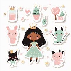 A set of kid-friendly stickers featuring a cheerful,