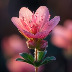 Fototapeta premium Delicate pink flower with dew drops, close-up.