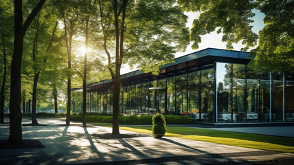 A large glass building with a tree in front of it. The building is surrounded by a lush green lawn