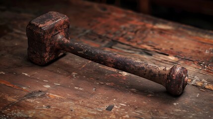 A rusty hammer resting on a wooden surface, showcasing wear and age, indicative of heavy use in various tasks.