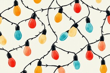 A white background with a colorful strings of Christmas lights pattern