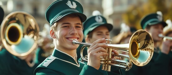 Obraz premium Young musician smiles while playing trumpet in parade ensemble