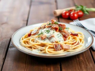 Plate of spaghetti carbonara with white sauce, ham, and bacon on a rustic wooden table with space for text or design in the background,  carbonara, spaghetti,  food