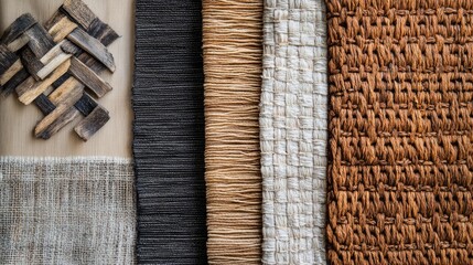 Textured weaving materials display intricate patterns and natural colors, creating a visually engaging background with depth and artistic appeal.