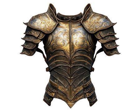 Intricate golden and silver armor with ornate designs, showcasing craftsmanship and strength. Perfect for fantasy themes