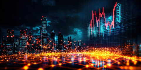 Obraz premium City skyline with glowing connections and financial data visualization