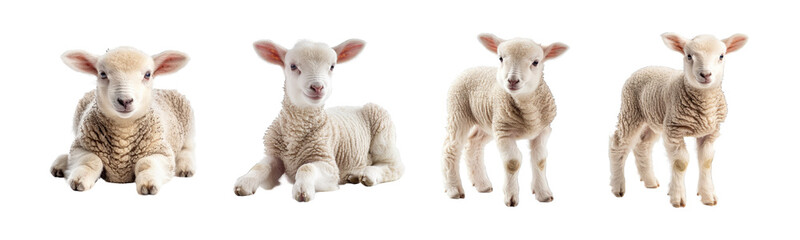 Fototapeta premium Collection of Lambs, Sheep child set isolated on transparent background cutout png generative AI