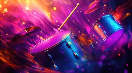 Dynamic purple and blue liquid waves merge with glowing drumstick designs