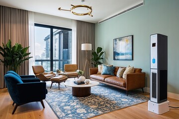 Fototapeta premium Unique Air Quality Device and Smart Cooling Controller in a Stylish Living Area