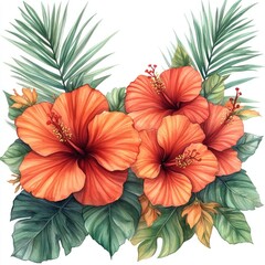 A vibrant arrangement of orange hibiscus flowers and tropical leaves.