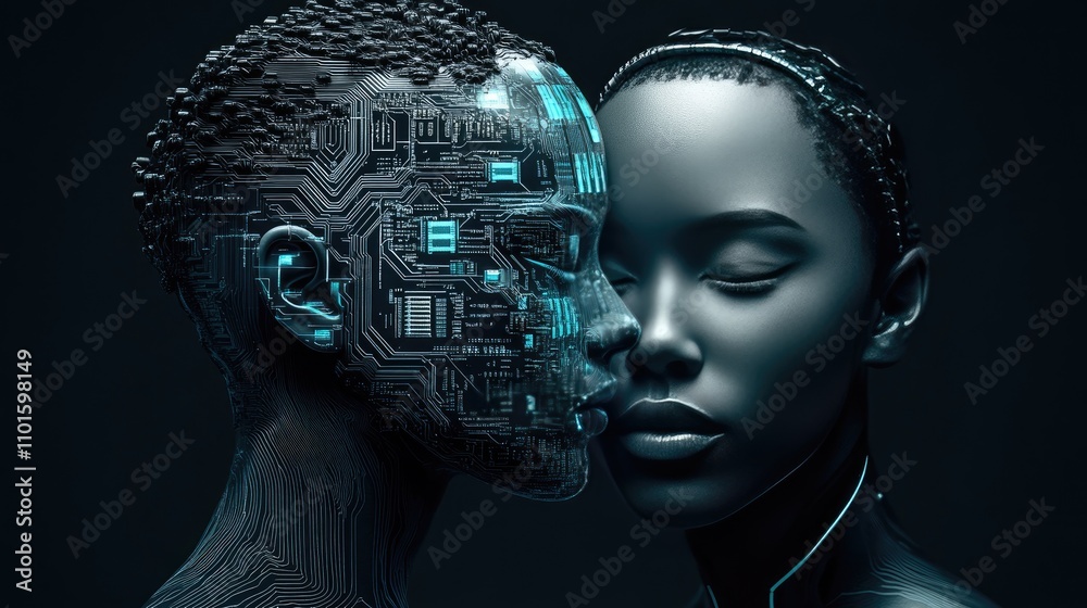 Poster ai embedded in tech: glowing microchip on a digital circuit board with sharp details and neon lighti