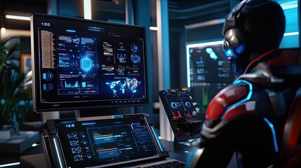 A futuristic scene featuring a figure in a high-tech environment, engaged with multiple glowing screens displaying complex data and analytics.