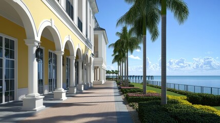 Fototapeta premium An architectural oasis: glowing arches create a captivating pathway amidst a serene palm-lined setting.