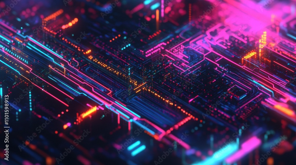 Poster abstract digital circuit design with vibrant neon colors and intricate patterns.
