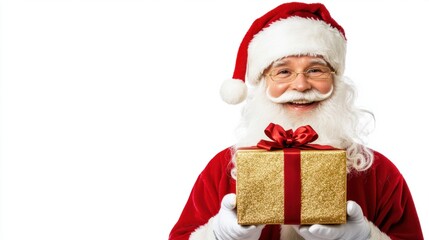 Santa holding a sparkling gold gift box with a red bow, isolated on a crisp white background